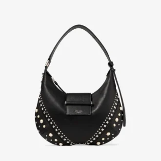 Bar Hobo Small Black Biker Leather Shoulder Bag with Pearl Studs