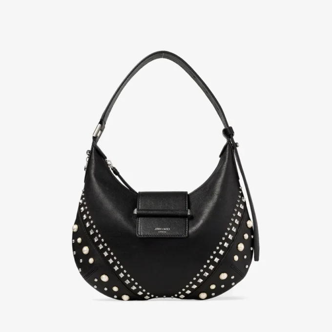 Bar Hobo Small Black Biker Leather Shoulder Bag with Pearl Studs