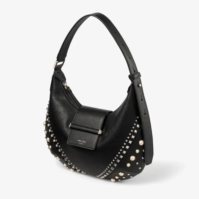 Bar Hobo Small Black Biker Leather Shoulder Bag with Pearl Studs