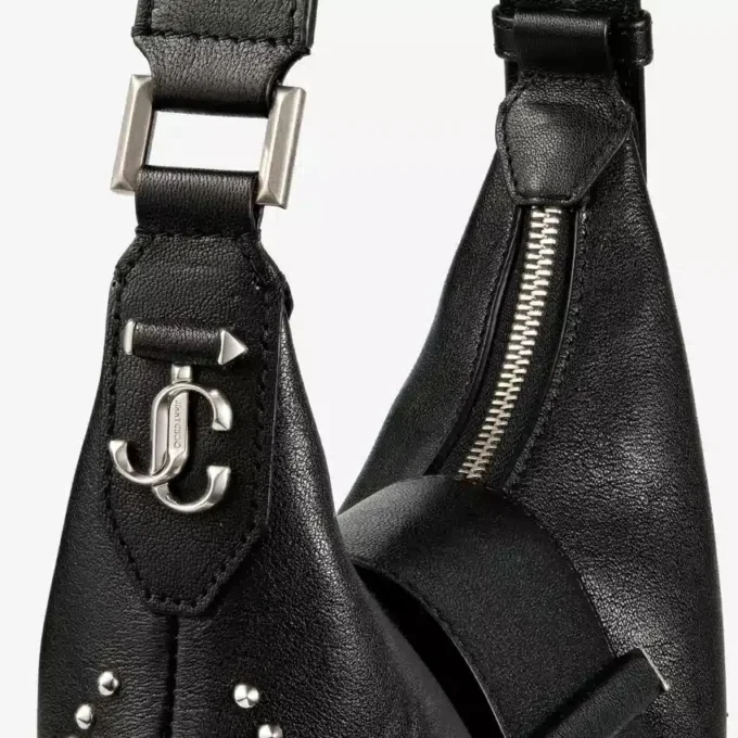 Bar Hobo Small Black Biker Leather Shoulder Bag with Pearl Studs