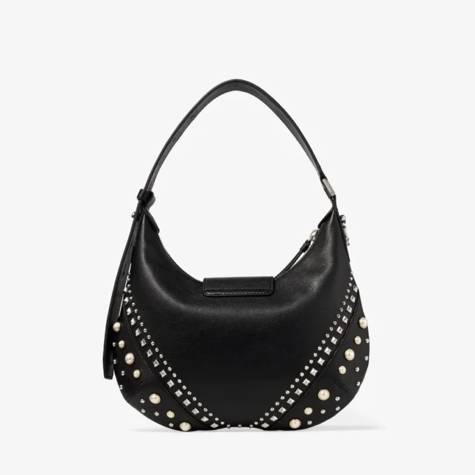 Bar Hobo Small Black Biker Leather Shoulder Bag with Pearl Studs