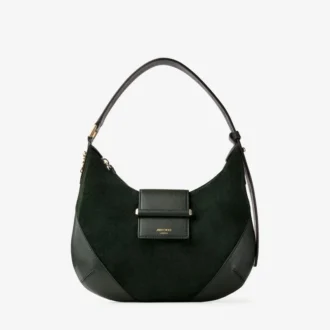 Bar Hobo Small British Green Suede Shoulder Bag with Biker Leather Trims