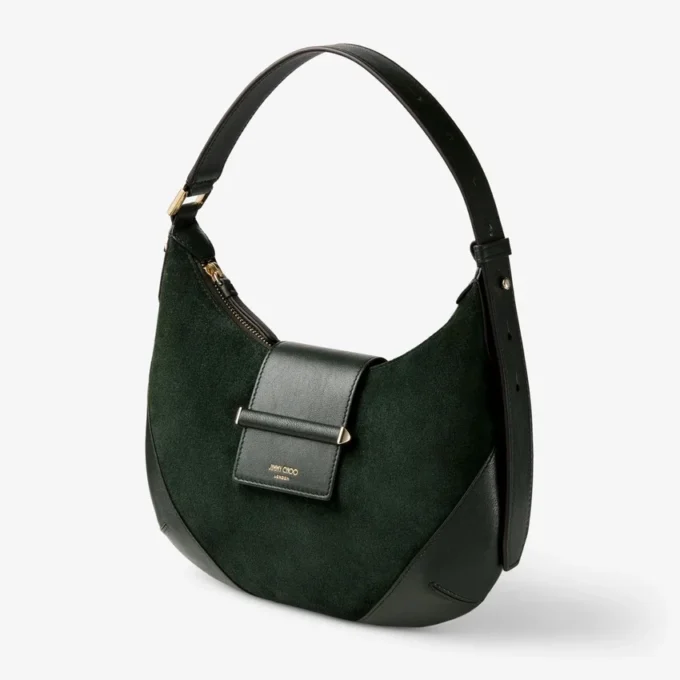 Bar Hobo Small British Green Suede Shoulder Bag with Biker Leather Trims
