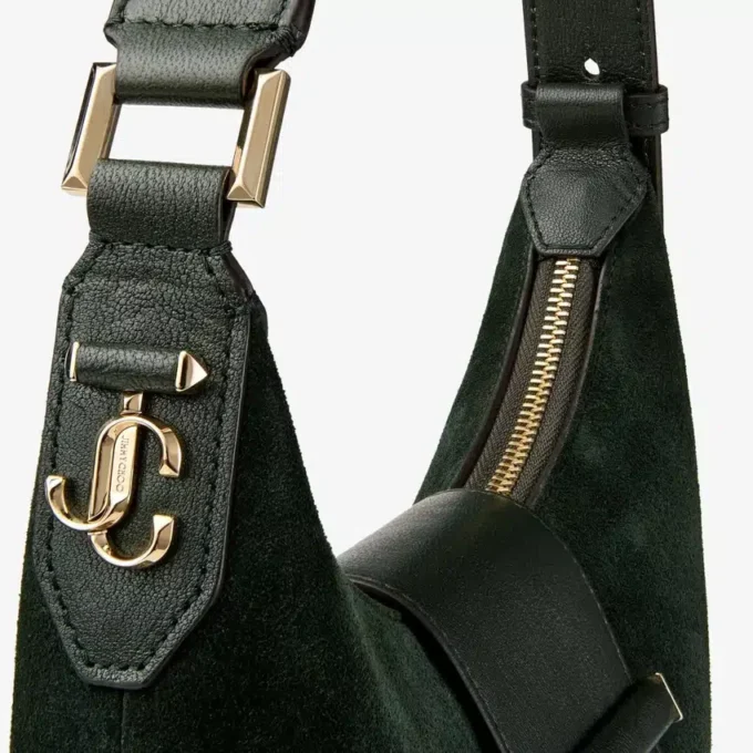 Bar Hobo Small British Green Suede Shoulder Bag with Biker Leather Trims