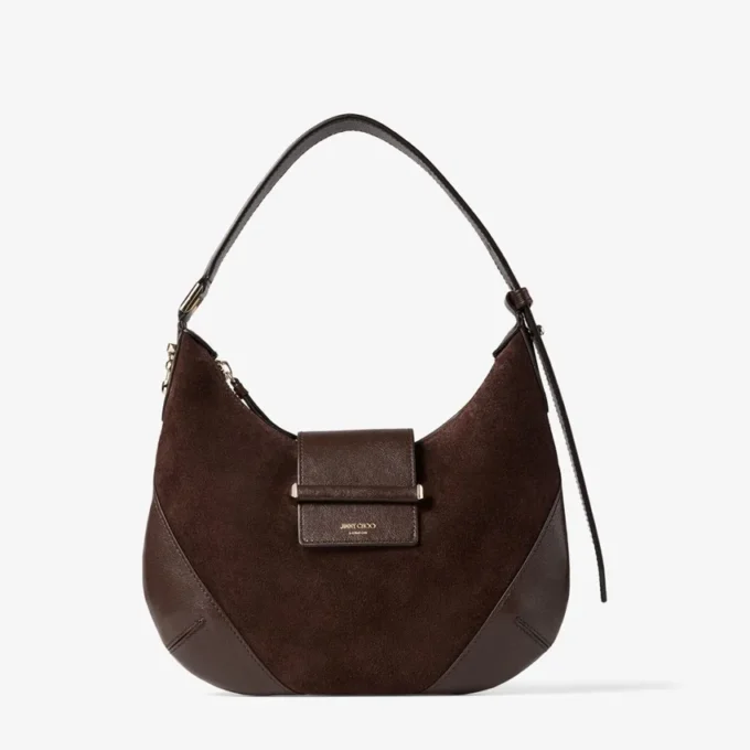 Bar Hobo Small Chocolate Suede Shoulder Bag with Biker Leather Trim