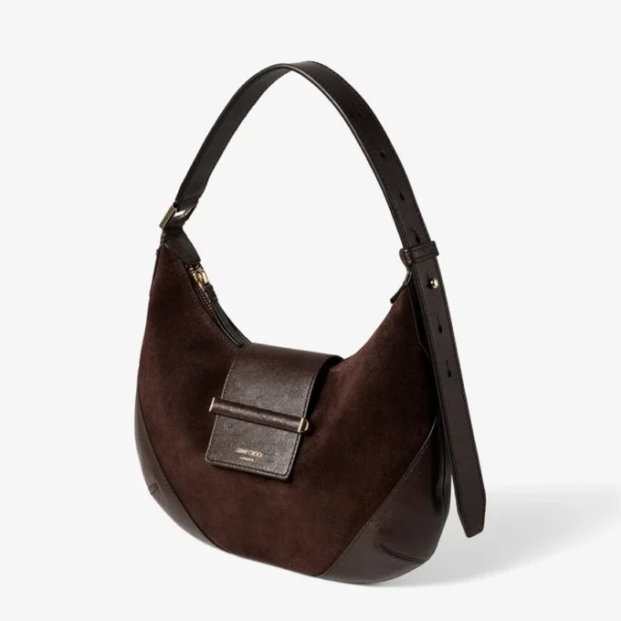 Bar Hobo Small Chocolate Suede Shoulder Bag with Biker Leather Trim