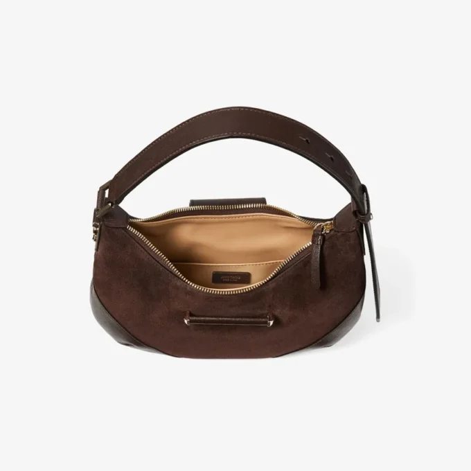 Bar Hobo Small Chocolate Suede Shoulder Bag with Biker Leather Trim