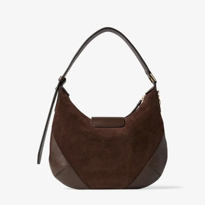 Bar Hobo Small Chocolate Suede Shoulder Bag with Biker Leather Trim