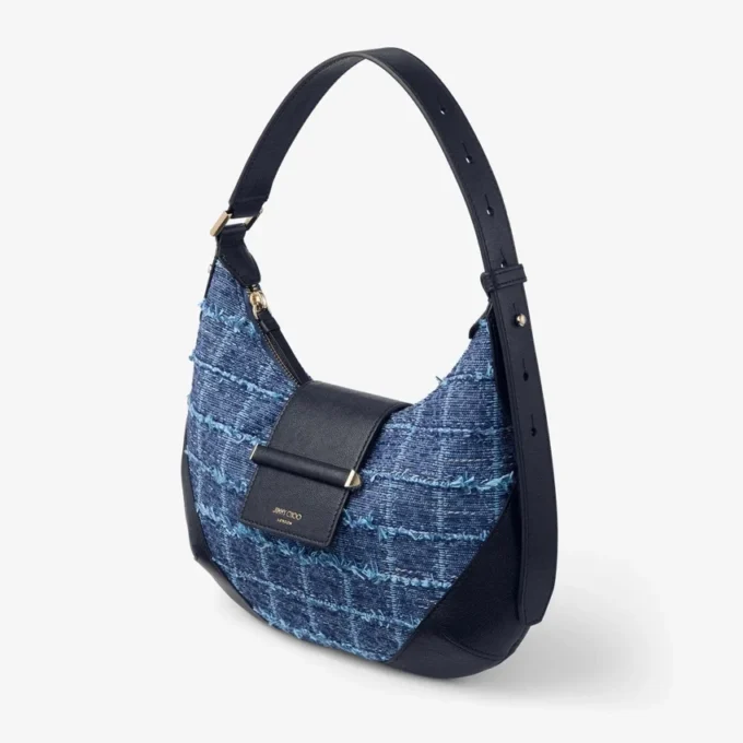Bar Hobo Small Marine Crosshatch Denim Fabric Shoulder Bag with Biker Leather Trim