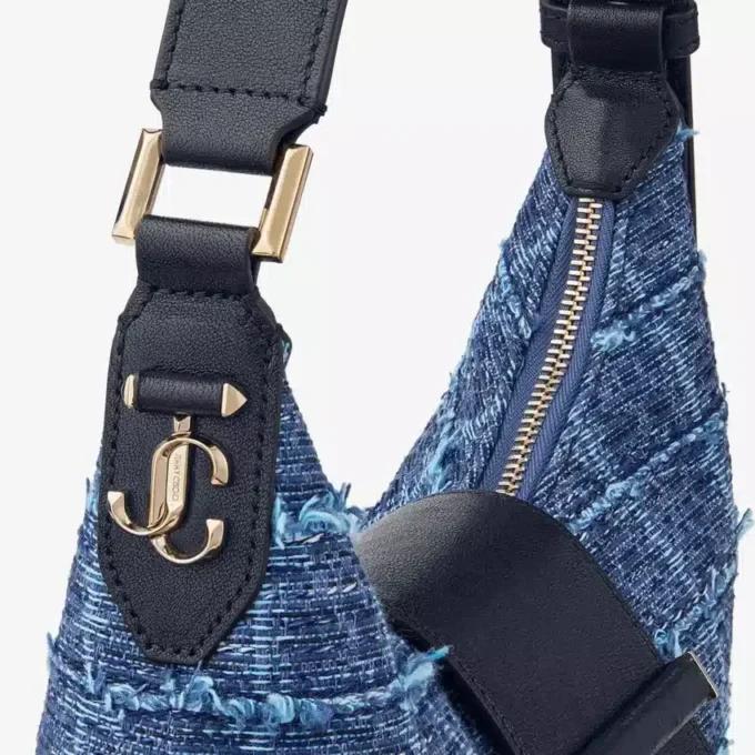 Bar Hobo Small Marine Crosshatch Denim Fabric Shoulder Bag with Biker Leather Trim