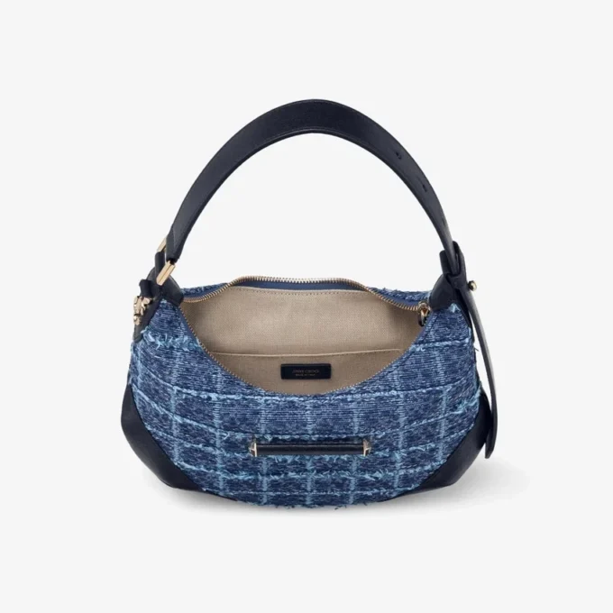 Bar Hobo Small Marine Crosshatch Denim Fabric Shoulder Bag with Biker Leather Trim