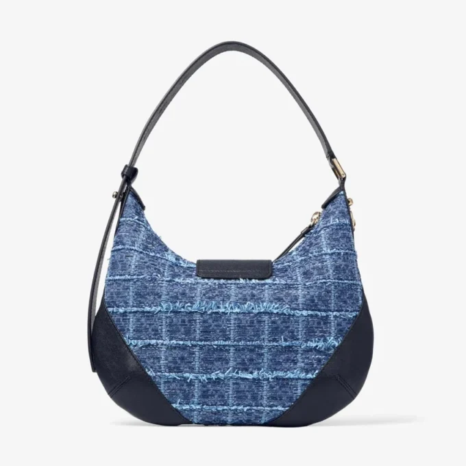 Bar Hobo Small Marine Crosshatch Denim Fabric Shoulder Bag with Biker Leather Trim