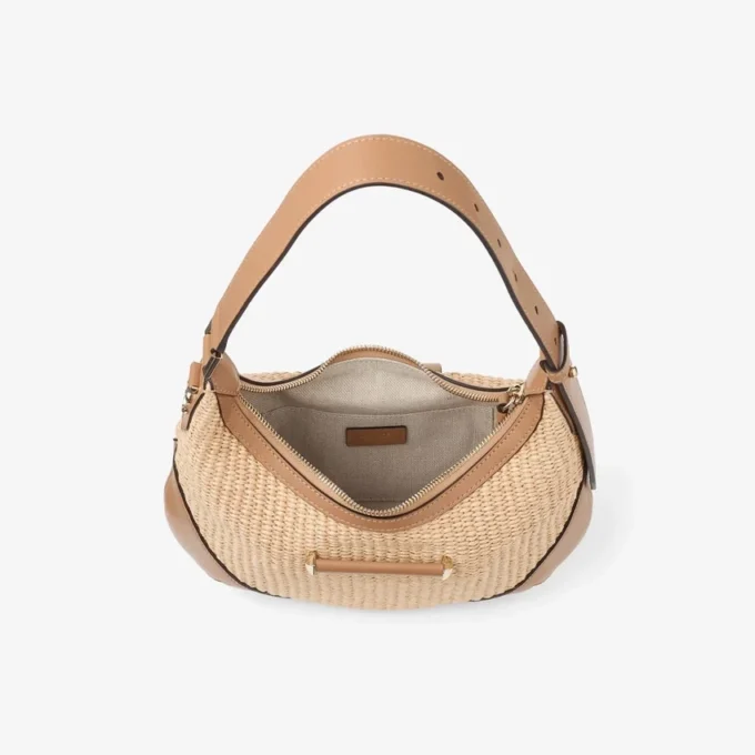Bar Hobo Small Natural and Toffee Raffia Shoulder Bag with Smooth Calf Leather Trim