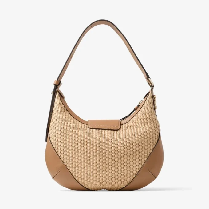 Bar Hobo Small Natural and Toffee Raffia Shoulder Bag with Smooth Calf Leather Trim