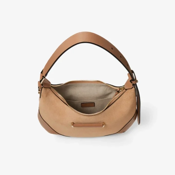 Bar Hobo Small Toffee Suede Shoulder Bag with Biker Leather Trim