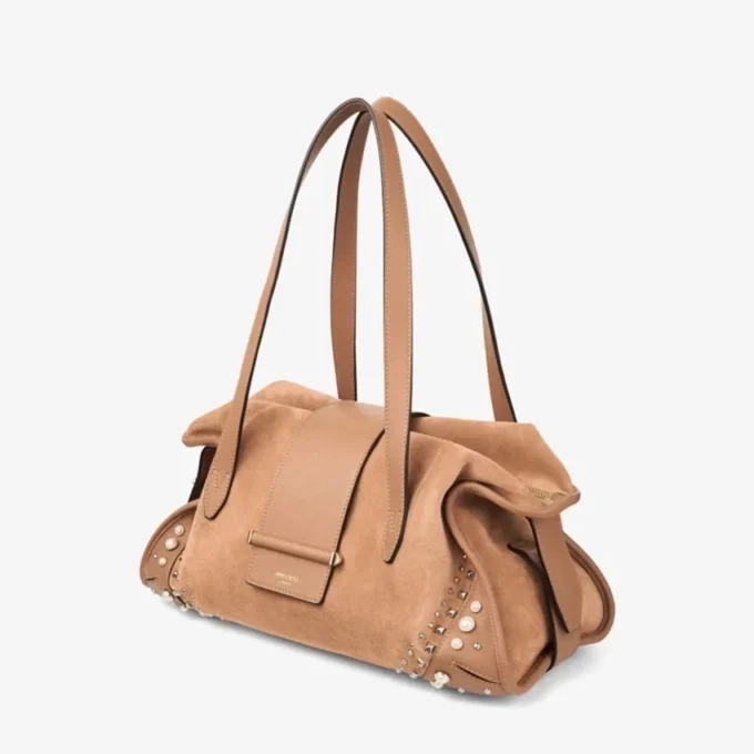 Bar Holdall Medium Toffee Suede Holdall Bag with Biker Leather Trim and Pearl Studs