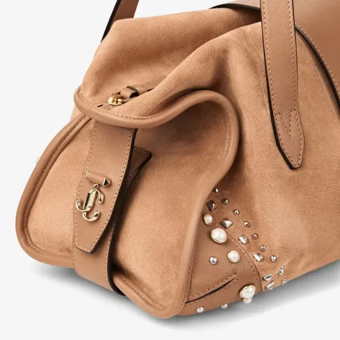 Bar Holdall Medium Toffee Suede Holdall Bag with Biker Leather Trim and Pearl Studs