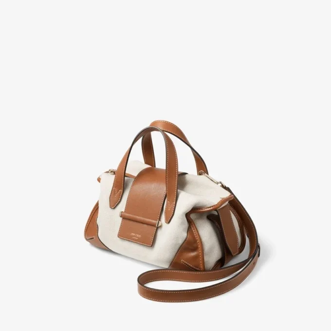 Bar Holdall Small Natural and Tan Recycled Canvas Holdall Bag with Biker Leather Trim