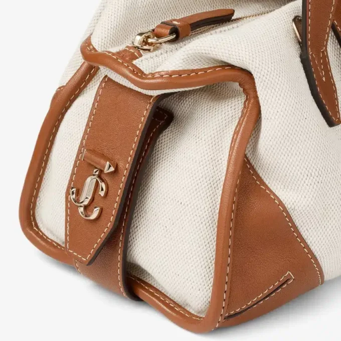 Bar Holdall Small Natural and Tan Recycled Canvas Holdall Bag with Biker Leather Trim