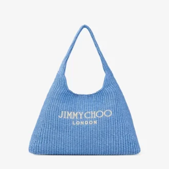 Beach Diamond Hobo Large Ocean Blue and Ecru Raffia Shoulder Bag