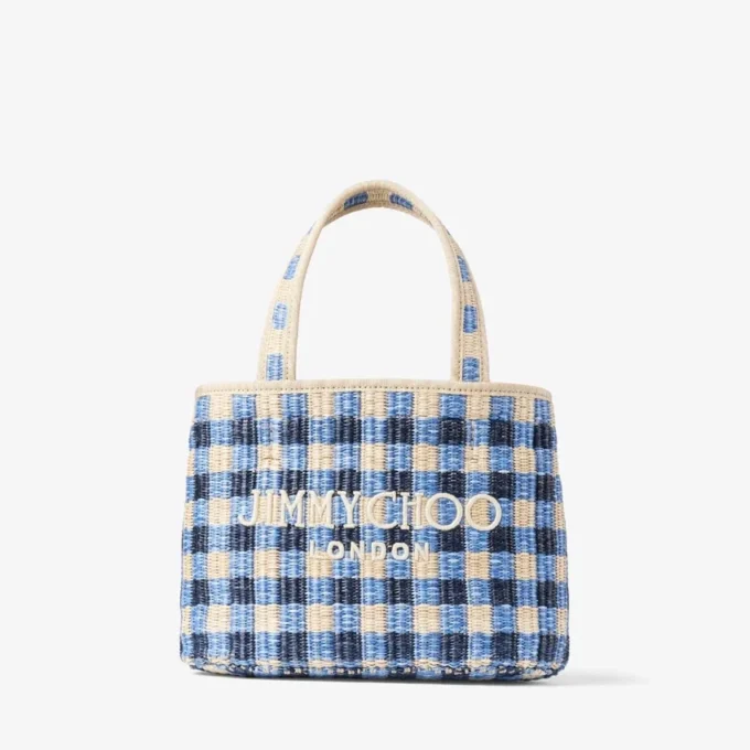 Beach Tote East-West Mini Marine Mix and Ecru Gingham Raffia Mini Beach Top Handle Tote Bag