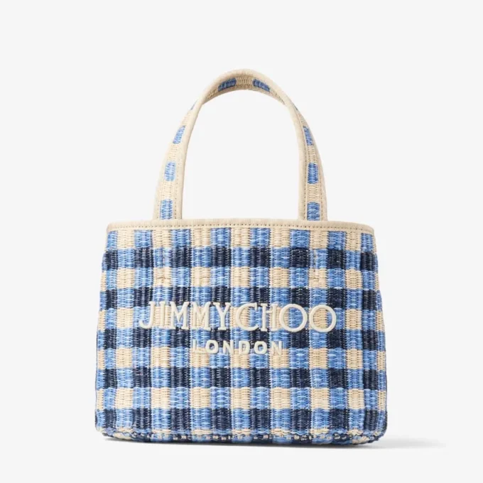 Beach Tote East-West Mini Marine Mix and Ecru Gingham Raffia Mini Beach Top Handle Tote Bag