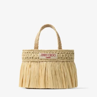 Beach Tote East-West Mini Natural and Light Gold Woven Raffia Mini Beach Tote Bag with Fringes