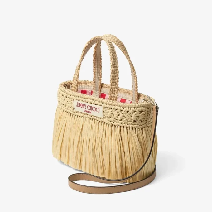 Beach Tote East-West Mini Natural and Light Gold Woven Raffia Mini Beach Tote Bag with Fringes