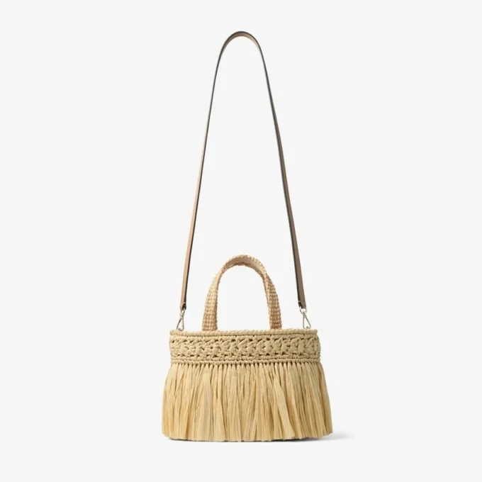 Beach Tote East-West Mini Natural and Light Gold Woven Raffia Mini Beach Tote Bag with Fringes