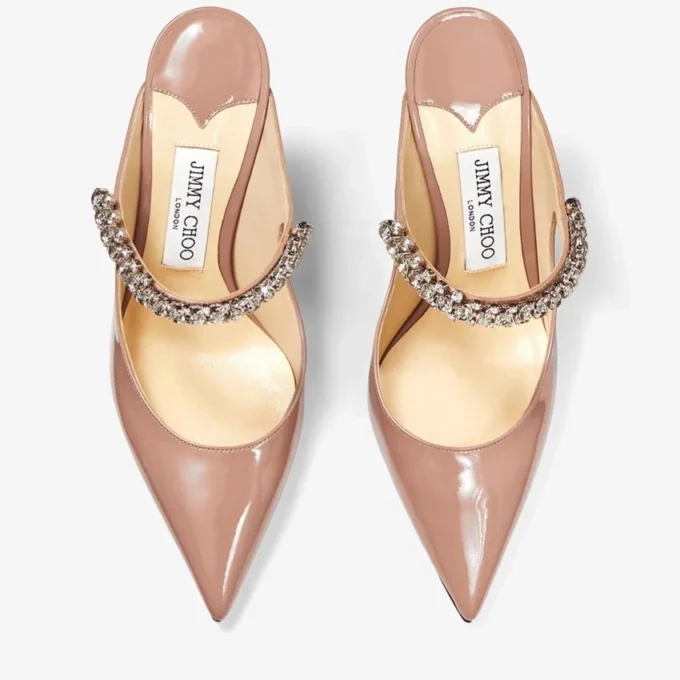 Bing 100 Ballet Pink Patent Leather Mules with Crystal Strap