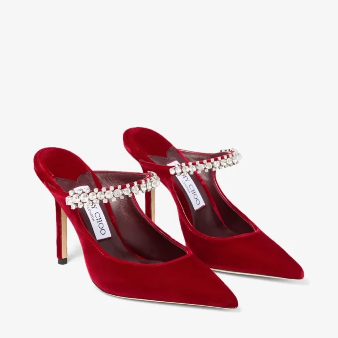 Bing 100 Ruby Red Velvet Mules with Crystal Embellishment