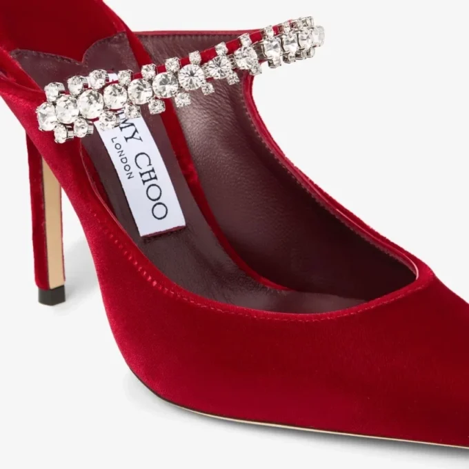 Bing 100 Ruby Red Velvet Mules with Crystal Embellishment