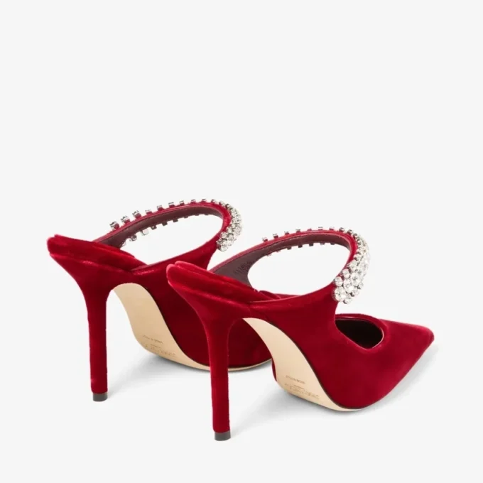 Bing 100 Ruby Red Velvet Mules with Crystal Embellishment