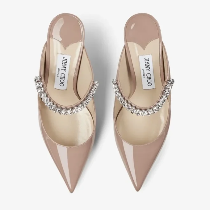Bing 65 Ballet Pink Patent Leather Mules with Crystal Strap