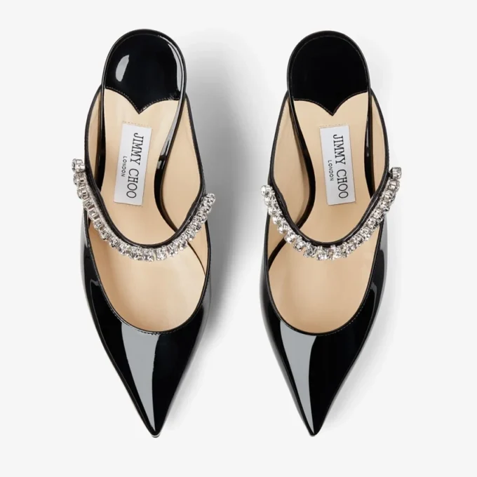Bing 65 Black Patent Leather Mules with Crystal Strap