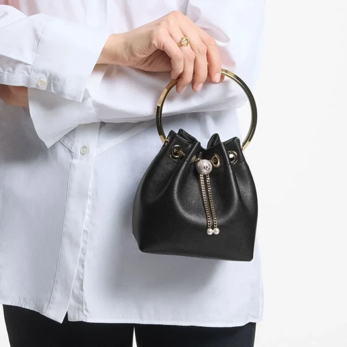 Bon Bon Biker Leather Black Bag with Pearl Closure