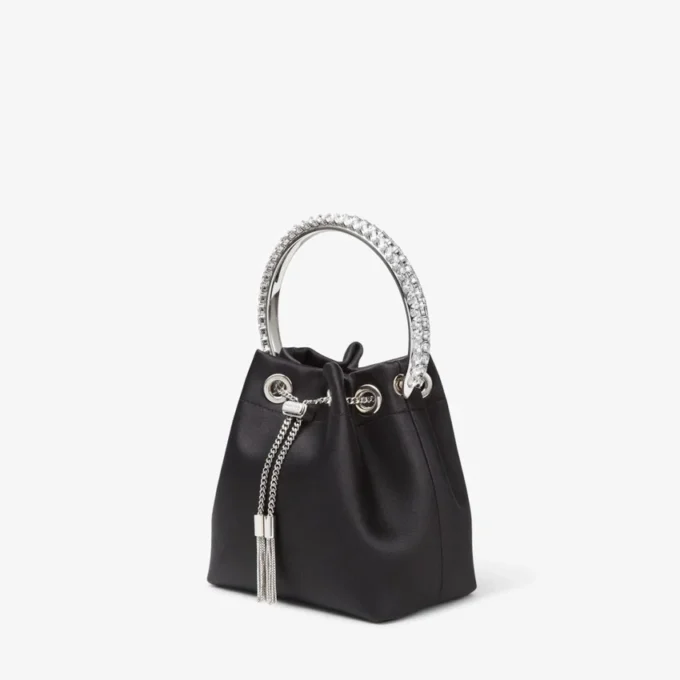 Bon Bon Black Satin Bag with Crystal Handle