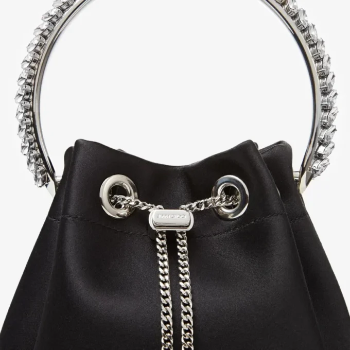 Bon Bon Black Satin Bag with Crystal Handle