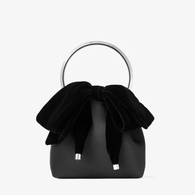 Bon Bon Black Satin Bucket Bag with Velvet Bow