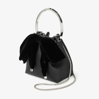 Bon Bon Black Satin Bucket Bag with Velvet Bow
