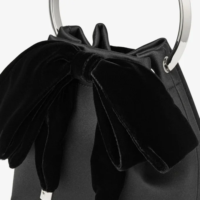 Bon Bon Black Satin Bucket Bag with Velvet Bow