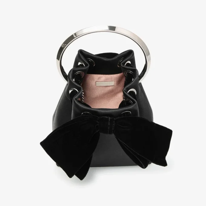 Bon Bon Black Satin Bucket Bag with Velvet Bow
