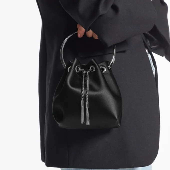 Bon Bon Black Satin Handbag with Metal Handle