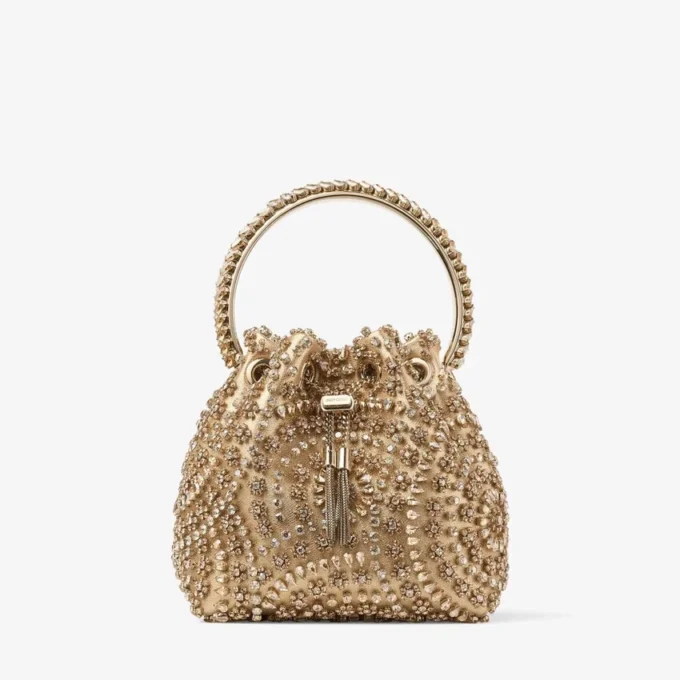 Bon Bon Gold Metallic Nappa Handbag with Crystal Embroidery