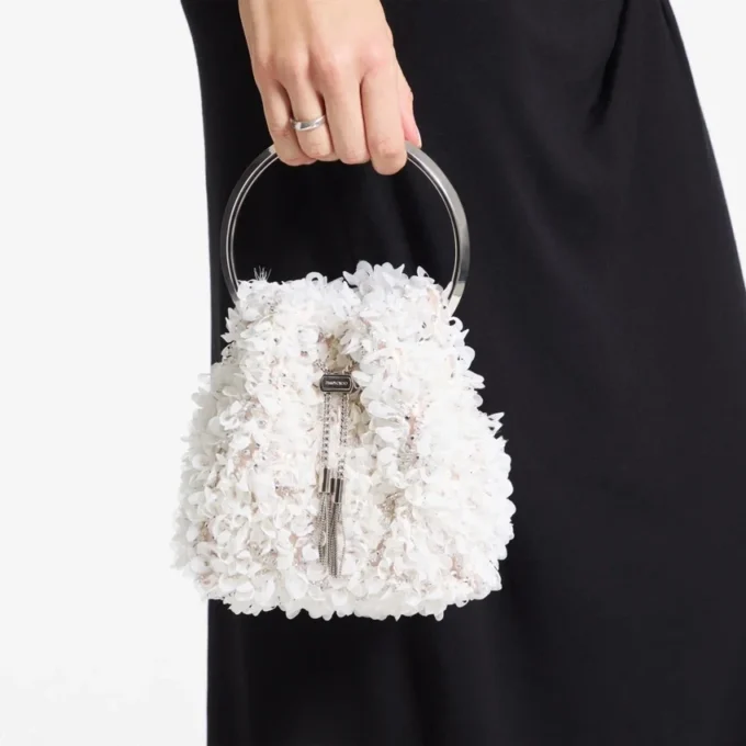 Bon Bon Ivory Satin Bucket Bag with Petal Embroidery