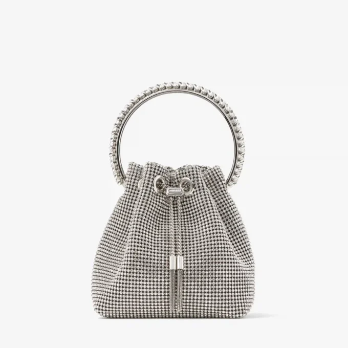 Bon Bon Silver Satin Crystal Mesh Bag with Crystal Handle