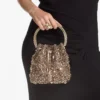 Bon Bon Tan Metallic Crystal Mesh Handbag with Crystal Handle