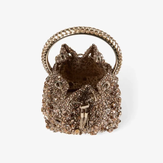 Bon Bon Tan Metallic Crystal Mesh Handbag with Crystal Handle
