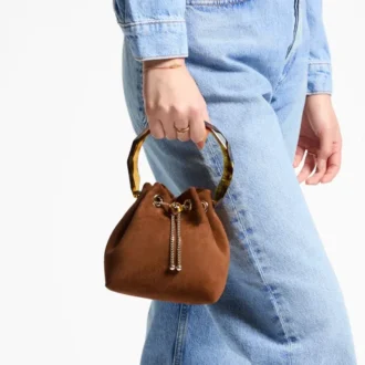 Bon Bon Tan Suede Bucket Bag with Bead Closure and Tortoishell Handle