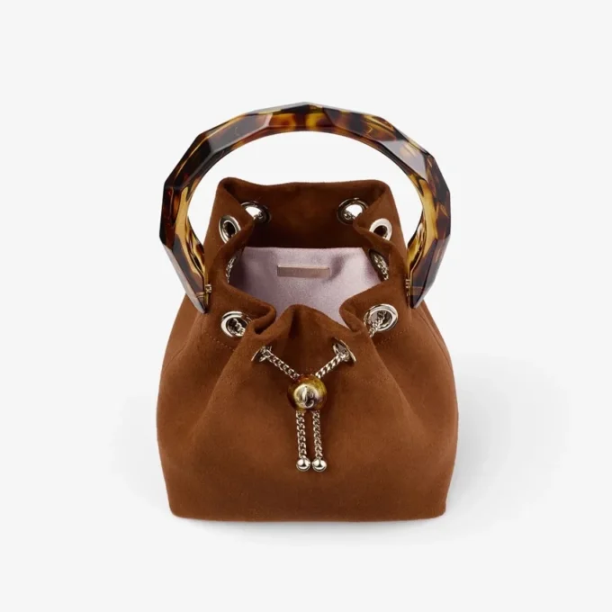 Bon Bon Tan Suede Bucket Bag with Bead Closure and Tortoishell Handle